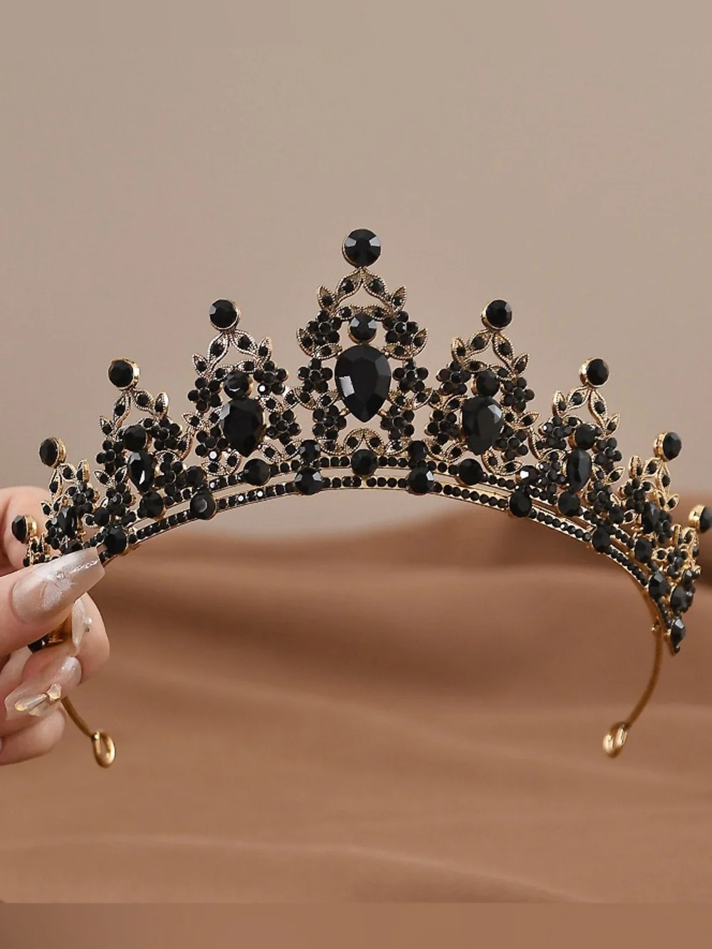 Black Crystal Bridal Tiara with Gold Frame - Women Accessories